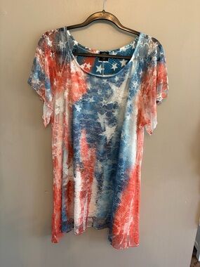 Cal Style Womens Blouse Size XL Floral Lace American Flag Short Sleeve Lined Top
